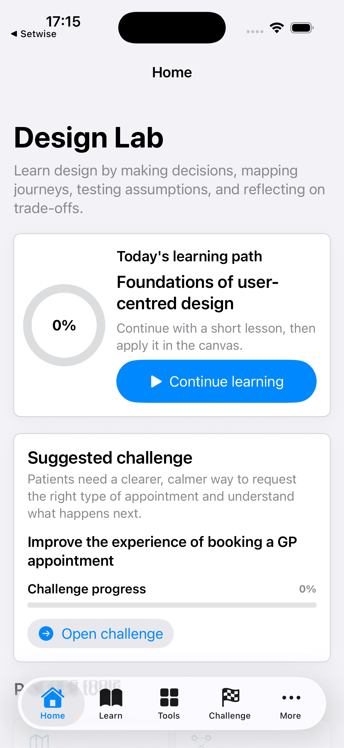 Design Lab iPhone app home screen showing learning path and suggested challenge