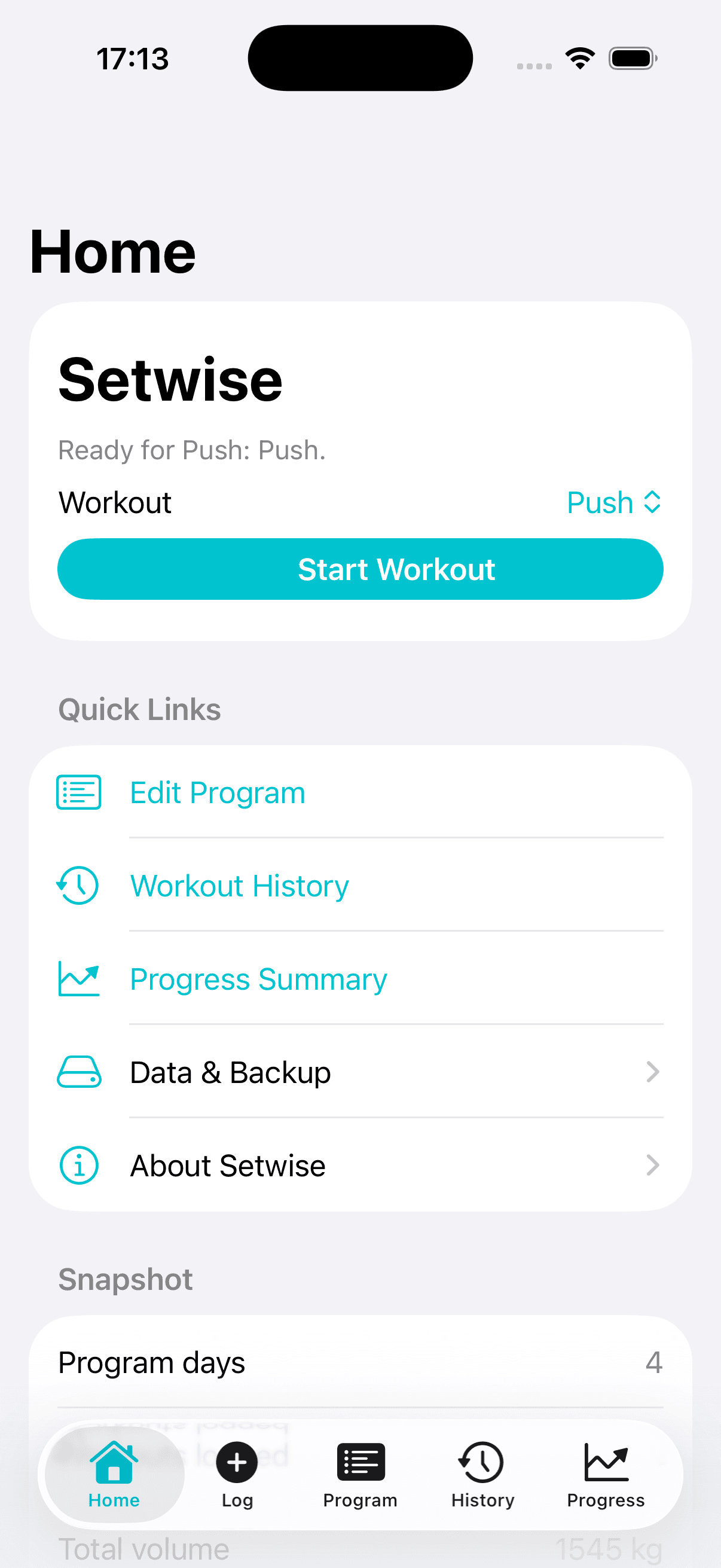 Setwise iPhone app home screen showing workout start controls and quick links