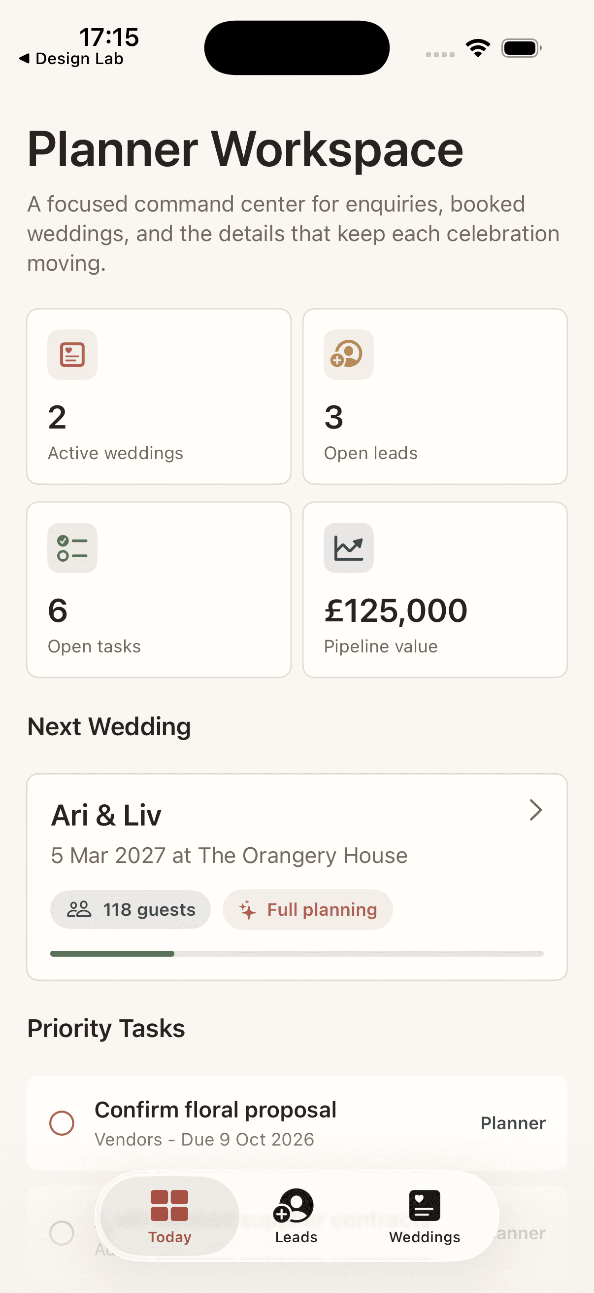 WeddingPlannerPro iPhone app dashboard showing active weddings, leads, tasks and pipeline value